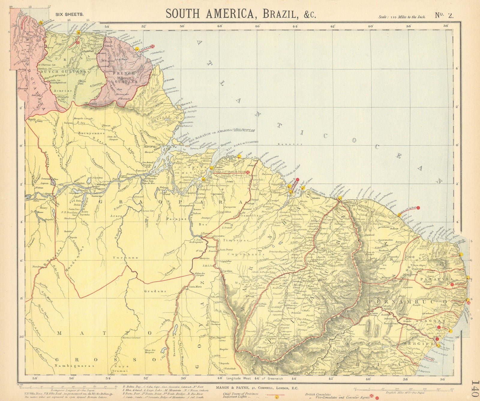 NORTH BRAZIL & GUYANAS. Lighthouses. Graopara Surinam Natal. LETTS 1892 map